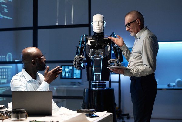 A team of engineers discussing designing an AI robot