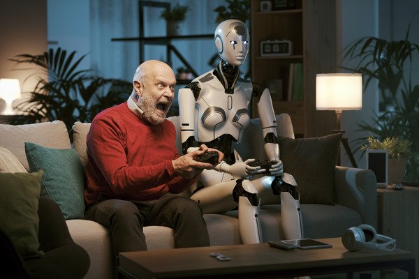 Human and AI robot playing video games.